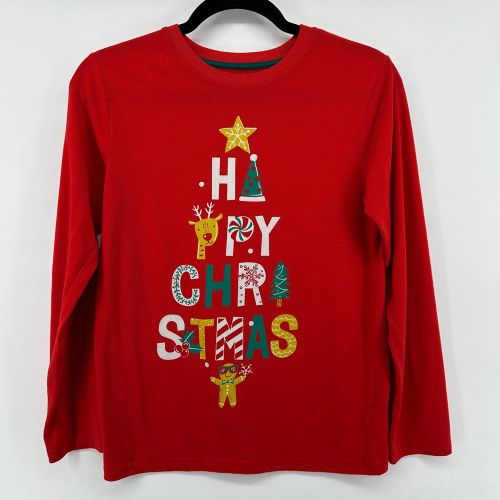 Cat & Jack Kids Red Happy Christmas Tree Fleece Pajama Top Size L 12/14